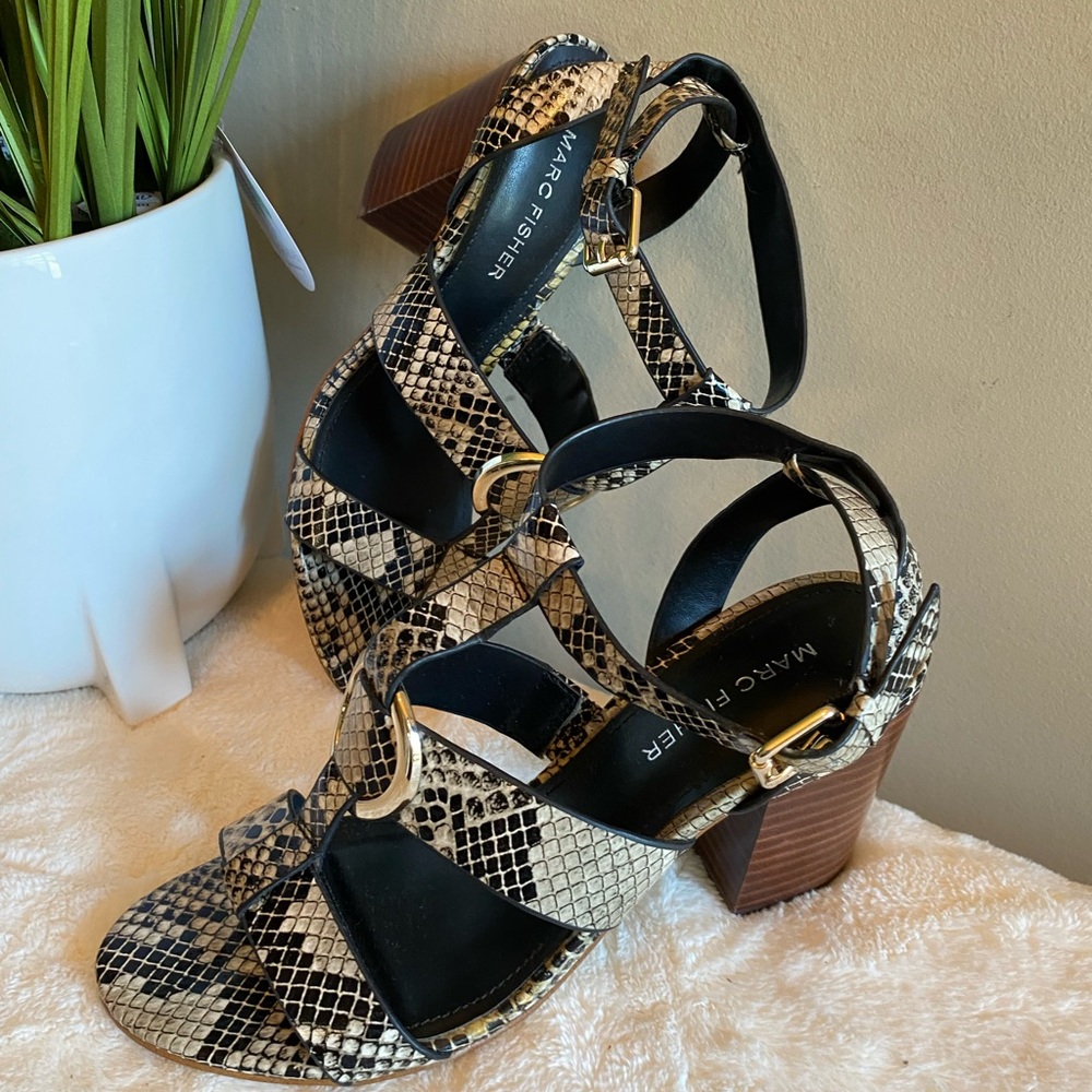 Marc Fisher Snake Print Sandals with Black and Tan Accents